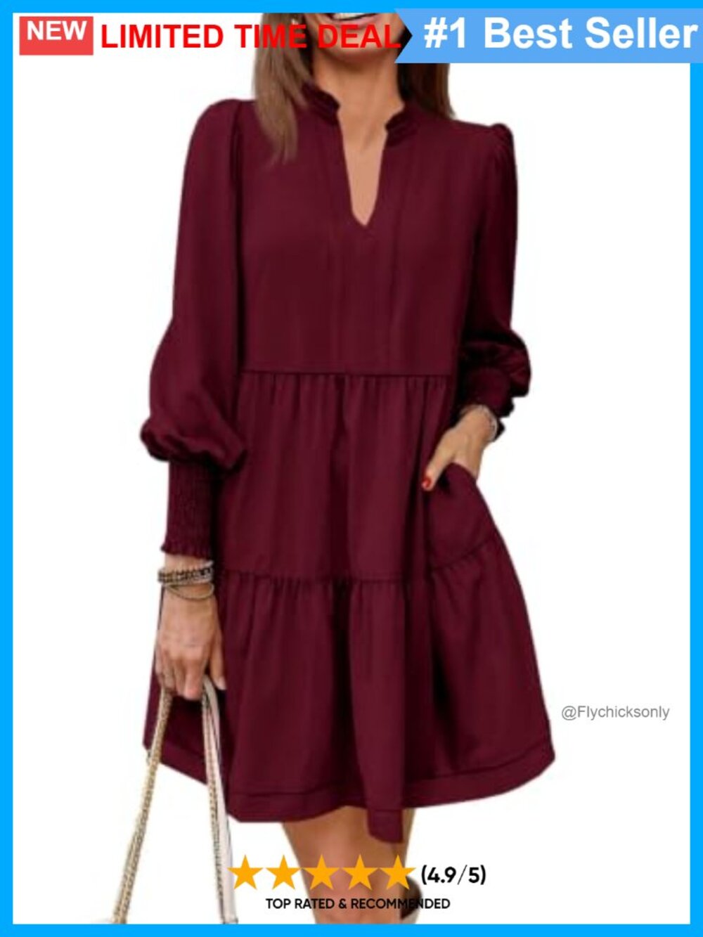 Long Sleeve Tunic Dress V Neck Tiered Casual Mini